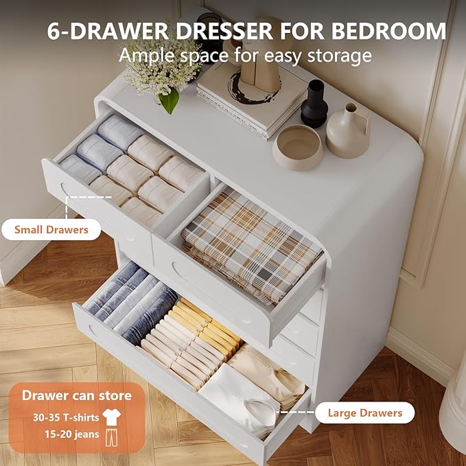 Dresser for Bedroom with 6 Drawers, 44" Tall Modern Dressers & Chest of Drawers with Curved Profile Design, Wood Closet Clothes Storage Dressers Organizer for Bedroom Living Room Hallway, White