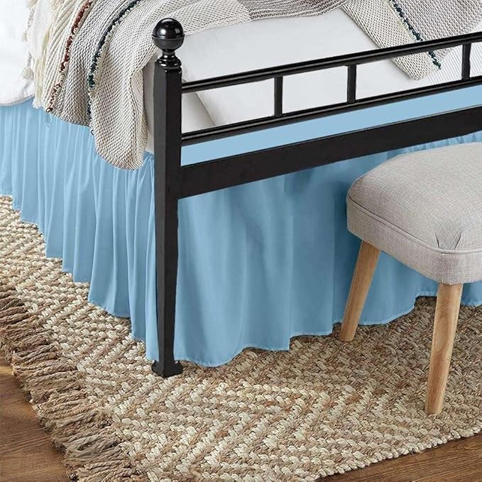 Light Blue Solid Ruffled Bed Skirt Full XL-16 Inch Drop Split Corner, Microfiber Bedskirt with Platform Three Sided Coverage