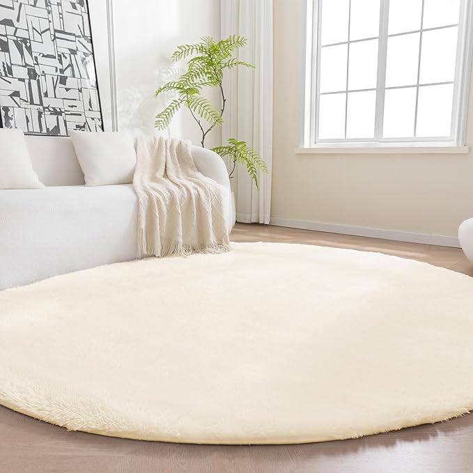Amazon Basics Fluffy Washable Round Area Rug, Circle Shaggy Carpet for Living Room, Bedroom, Nursery, 7'R, Beige