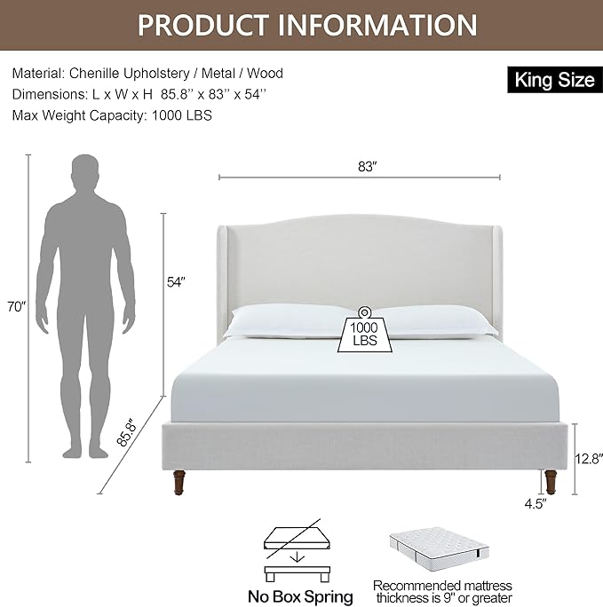 King Size Bed Frame with 54" Extra Tall Headboard - Luxury Chenille Upholstered Wingback Platform Bed, 1000lbs Heavy Duty, No Box Spring Needed(Ivory White Chenille Camelback, King)