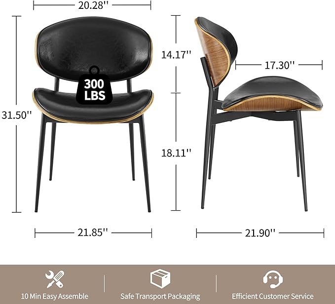 Art Leon Dining Chairs Set of 4, Walnut Bentwood, Mid Century Modern Chair, Black Faux Leather Kitchen Dining Room Chairs with Metal Legs, Accent Chairs for Bedroom