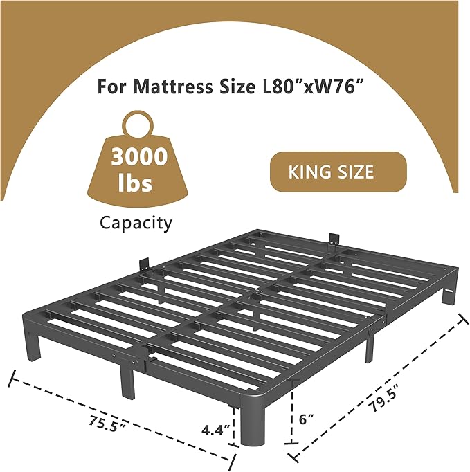 ITIMIDI 6 Inch King Bed Frame with Metal Gaskets, No Box Spring Needed, Heavy Duty Steel Support 3000 LBS, DIY Headboard, Easy Assembly, Anti-Slip Mattress Stopper, Round Corner Leg, Black