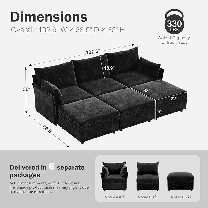 ABCASA 102.6" Luxury Modular Sleeper Sofa Bed 6 Seat Reversible Sectional Couch Deep Seat with Storage Chaises Removable Cover for Living Room, Apartment - Chenille Black