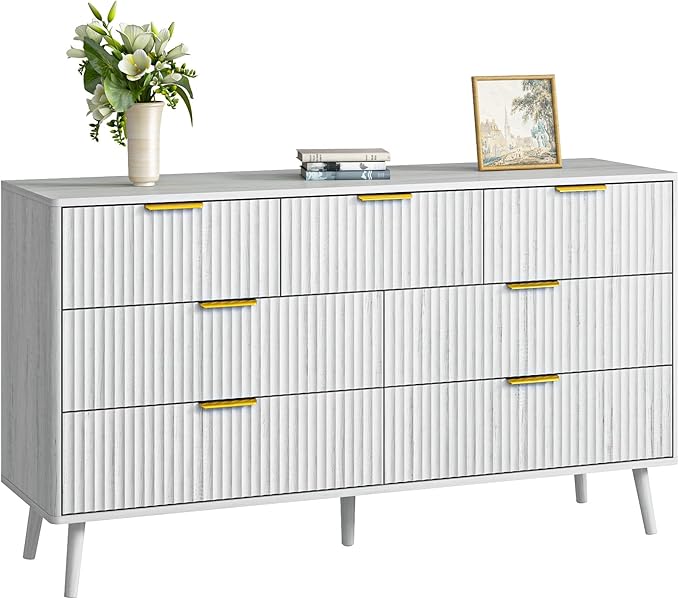 CARPETNAL Fluted 7 Drawer Dresser for Bedroom, 55" Wide Wooden Chest of Drawers with Rounded Corners, Gold Handles, Modern Storage Organizer for Bedroom, Hallway(White)