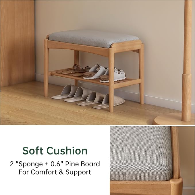 Solid Wood Shoe Bench, Shoe Rack Bench Assembled with Gray Cushion for Entryway, Hallway, Bedroom, Living Room, 11.8" x 23.6" x 16.5", Beech Wood, Natural