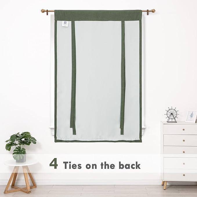 DriftAway Double Layer Linen Blackout Tie Up Curtains Thermal Insulated Fully Lined Balloon Roman Shade Bathroom Window Adjustable Rod Pocket for Small Window 25 Inch by 47 Inch Olive Green