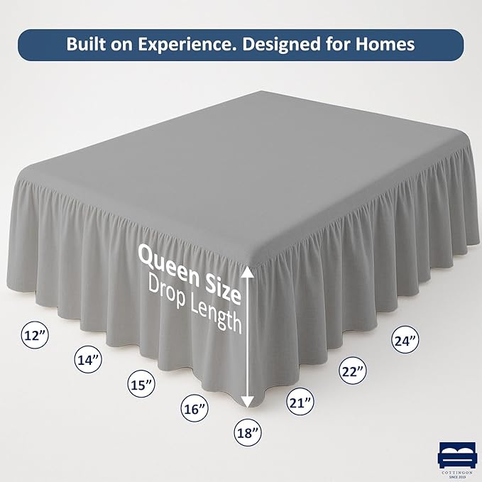 Cottingon Ruffled Bed Skirt with Split Corners-Dust Ruffle - 15" Drop 100% Microfiber Soft,Sheen & Luxurious Look - Bed Skirts (Light Grey -Queen)