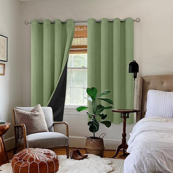 BGment Thermal Insulated 100% Blackout Curtains for Bedroom with Black Liner, Double Layer Full Room Darkening Noise Reducing Grommet Curtain (52 x 72 Inch, Grass Green, 2 Panels)