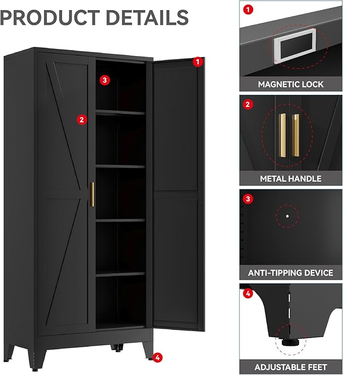 Farmhouse Pantry Cabinet with Barn Doors, 71" H x 31.5" W, 5-Tier Metal Storage Cabinet with 4 Adjustable Shelves for Kitchen Garage Dining Room, Black