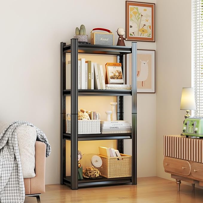 Storage Shelves, Garage Metal Shelving Unit, Adjustable, Double-Layer Column with Reinforced Ribs, Heavy-Duty, Capable of Bearing 600-3600 lbs (Black, 24 * 14 * 59, 4-Tier)