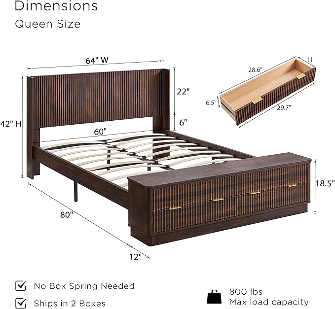T4TREAM Fluted Queen Size Bed Frame with Wingback Headboard, Footboard Storage Bench with Built-in Drawers & Lift-Up Compartments, Wood & Steel Platform Bed, No Box Spring Needed, Dark Walnut