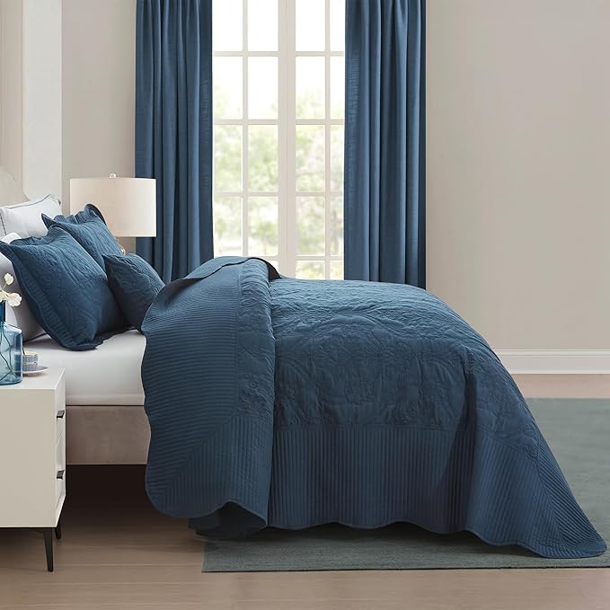 CHIXIN Bedspread Coverlet Quilt Set Full Size - Lightweight Bedding Cover - Beautiful Stitching - 5 Piece Reversible Bedspread - Gorgeous Damask Paisley Pattern (Full, Navy)