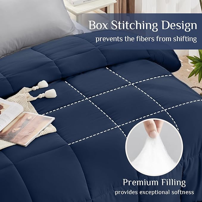 JOLLYVOGUE Twin Comforter Set, Ultra-Soft Bed in a Bag Twin Size 5 Pieces, Oeko-TEX Certified Bedding Set with Down Alternative Comforter, Sheets, Pillowcases & Shams, Navy Blue & Light Grey