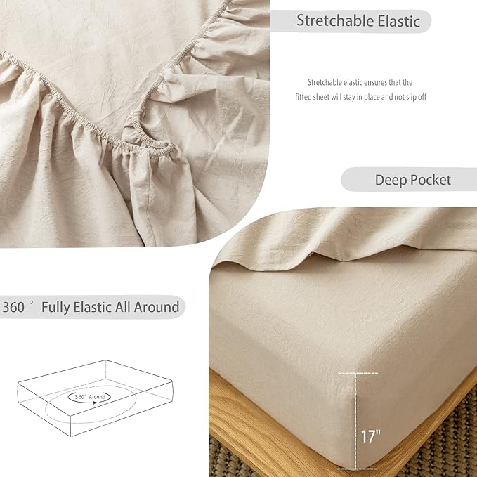 MooMee Fitted Bottom Sheet Only 100% Washed Cotton Linen Like Textured Breathable Durable Soft Comfy Deep Pocket Fits Mattress up to 17" (Taupe, King)