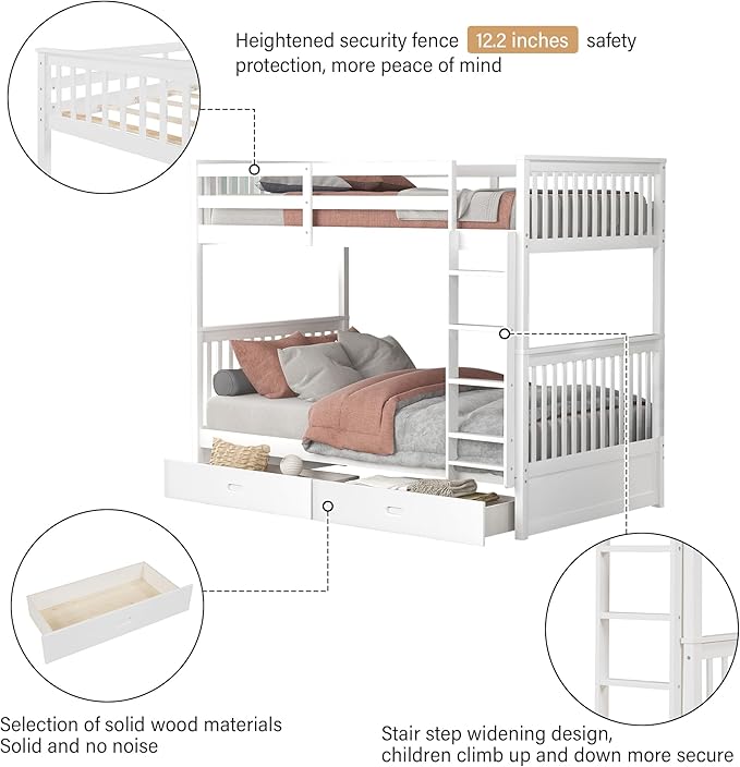 Merax Wood Bunk Bed with Drawers,Convertible Bunk Bed with Ladders and Two Storage Drawers,Solid Wood Detachable Bed Frame with Ladders,Twin Over Twin Size,White