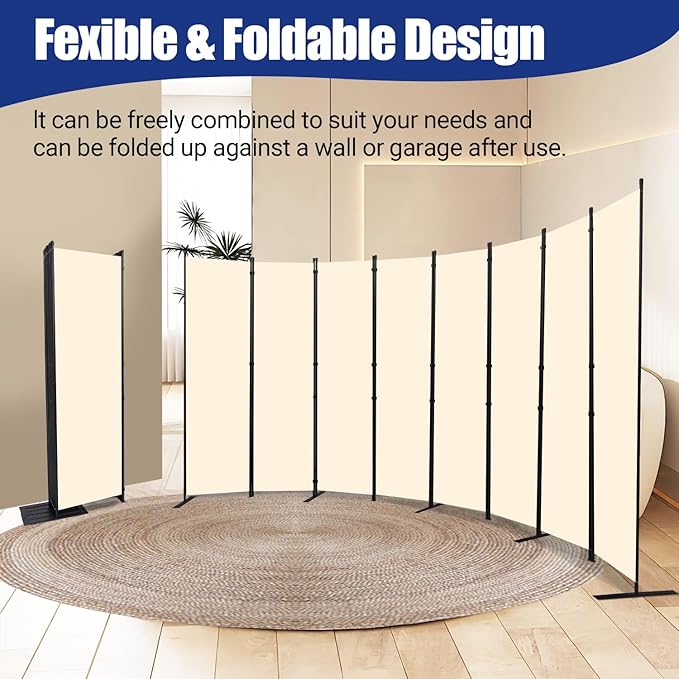Room Divider Folding Privacy Screens with Wheels, 6FT Tall Divider for Room Separation, Movable Room Partitons and Dividers, Indoor Room Dividers Panel with Fabric (Beige, 8 Panel-176‘’-Flat Base)