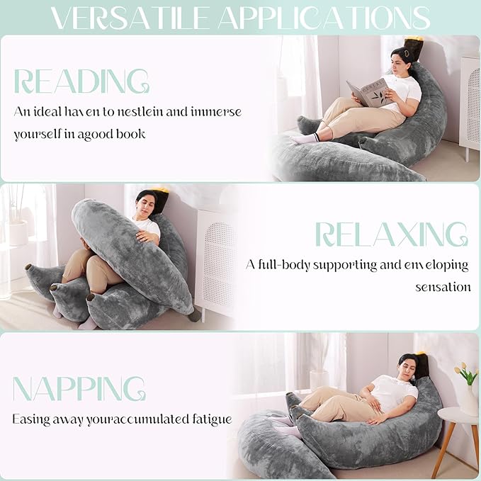 Banana Bean Bag Chair with Ottoman, Floor Sofa Bed with Footrest, Comfy Convertible Lounger for Adults, Plush Couch for Bedroom, Living Room or Dorm, L-Grey