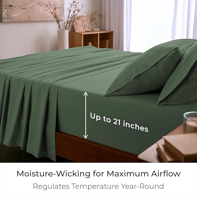 Mellanni California King Sheet Set - 6-Piece Iconic Collection Bedding, (Including 4 Pillowcases), 21-Inch Extra Deep Pocket, Easy Care, Ultra Soft, Cooling Sheets, Brushed Microfiber - Sage