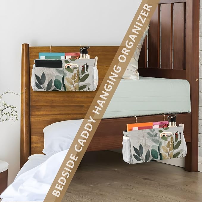 Bedside Caddy Hanging Bunk Bed Caddy Bed Organizer Hanging Pocket with 2 Hooks Bedside Storage Organizer Pocket Bag Holder Beige Boho Style Leaves