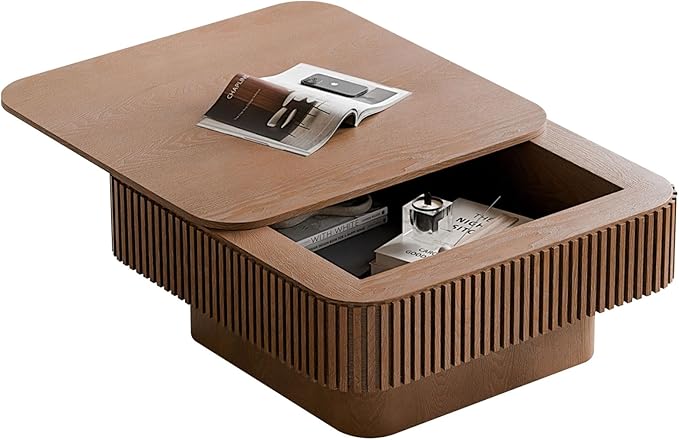 LKTART Coffee Table for Living Room, Accent Fluted Square Coffee Table with Hidden Storage, Modern Solid Wood Veneered Circle Center Tea Table for Small Space Apartment (31.5''D×14''H-Walnut)