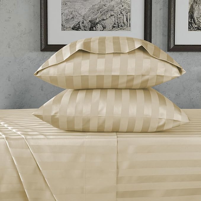 URBANHUT 800 Thread Count 100% Cotton Damask Full Size Sheets, 4 Piece Striped Full Size Bedsheets, Luxury Hotel Sheets Sateen Weave - Better Than Egyptian, 16" Elasticized Deep Pocket- Sand
