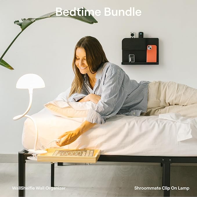 Smallish 2-Pack: WallShelfie & Shroommate - Bedside Wall Organizer with Shroommate Clip On Light Bundle - Dorm Room Essential, Floating Bedside Shelf Wall Mount, Clip on for Desk, Remote Holder
