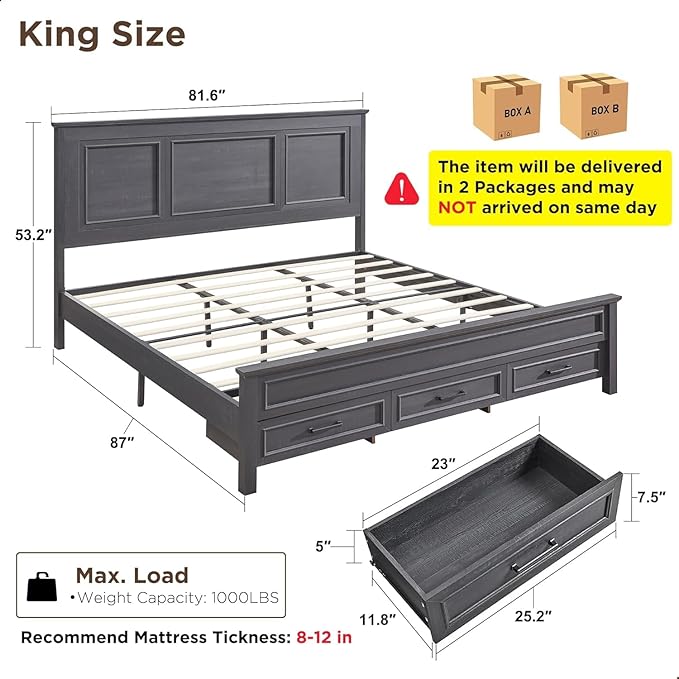 ACCOHOHO Farmhouse King Size Bed Frame with 52" Tall Headboard, Wood Platform Bedframe with Footboard and Storage Drawers, No Squeak, No Box Spring Needed, Black