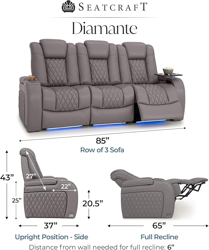 Seatcraft Diamante Zero-Gravity CoolZero Italian Leather Home Theater Seating, Power Headrest, Power Recline, Row of 3 Sofa, Gray