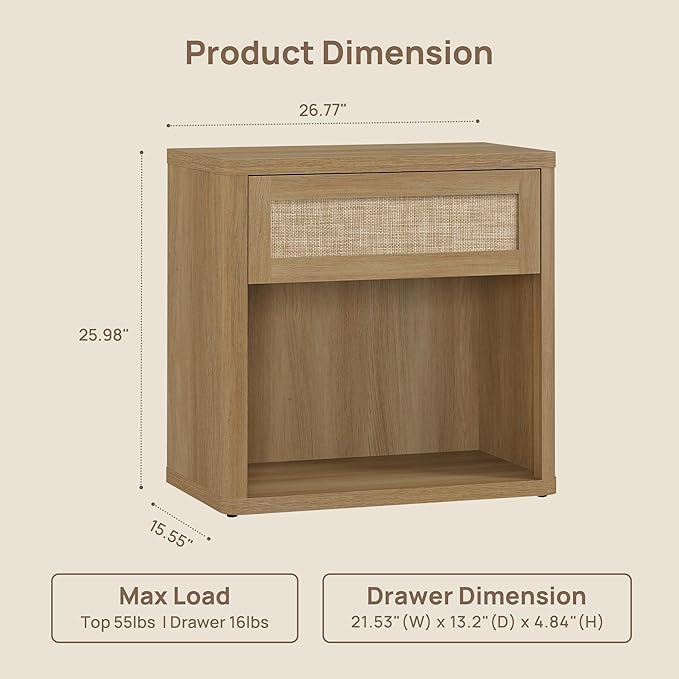 SICOTAS Night Stand 26" Wide Large Nightstands with Drawer & Shelf Storage Rattan Bedside Table Boho End Table Tall Bed Side Tables Night Stands for Bedroom Living Room Sofa Office Dorm, Amber Oak