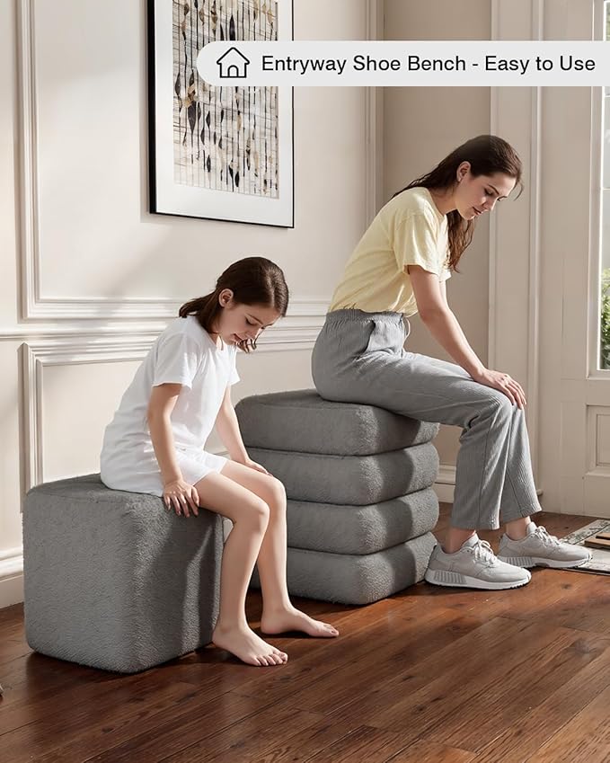 Square Set of 2 Sherpa Storage Ottoman Stool with Removeable lid,Load up to 440 lbs Footstool, Boucle Vanity Stool for Livingroom Bedroom Gray UASND69G
