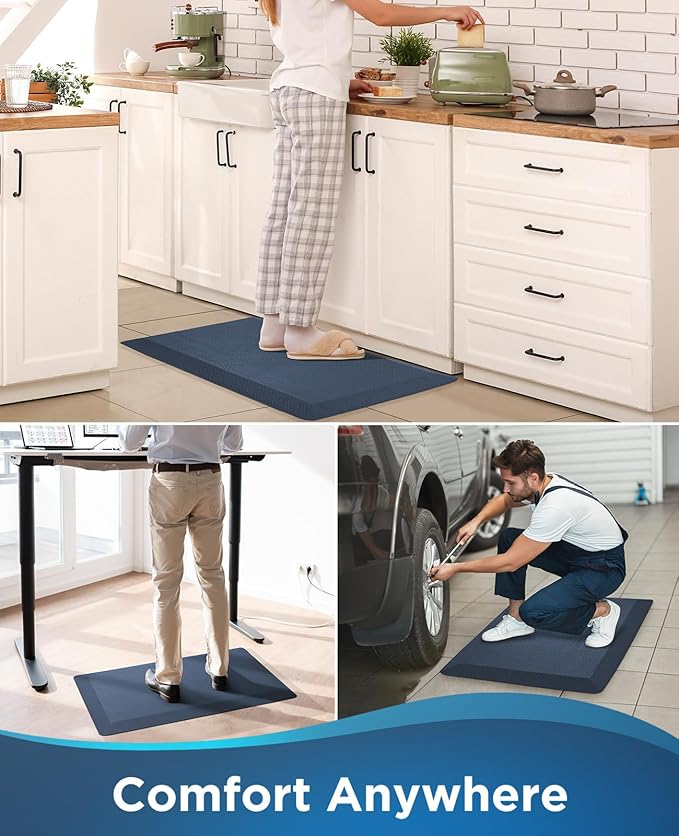 Ophanie Kitchen Mats for Floor, 3/4 Inch Thick Kitchen Rugs, 20'' x 48'' Anti Fatigue Standing Cushioned Mat, Waterproof,Comfort Ergonomic Mat for Office, Home, Sink, Blue Non-Slip Bottom