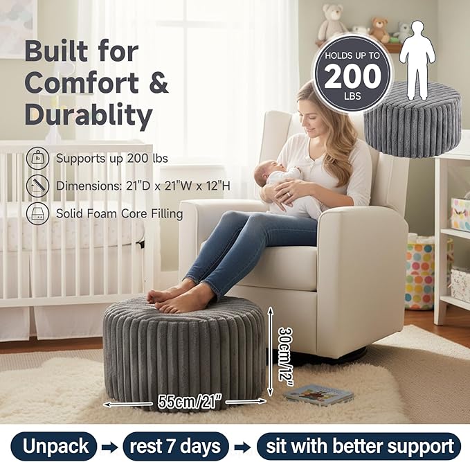 Tiita Round Stuffed Pouf Ottoman, Stripe Faux Fur Poufs with Foam Chunk Filling, Furry and Fluffy Pouf 21×21×12 inch Foot Stool Storage Ottoman,Puff Office Foot Rest for Couch Living Room, Grey