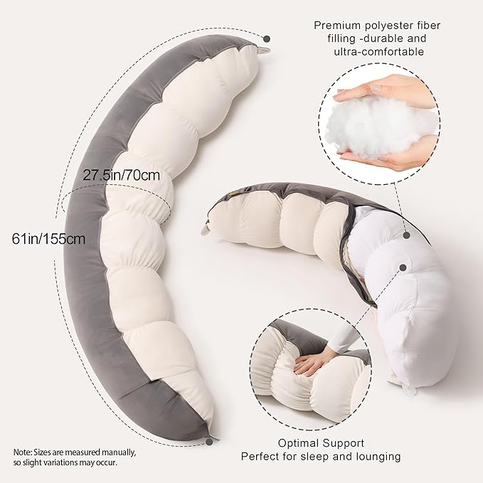 Peallow(Pat. Pend) – Long Round Body Pillow for Adults, Bolster Pillow for Sleeping, Soft and Supportive Pillow for Sleeping & Lumbar Support (Gray-White, 47")