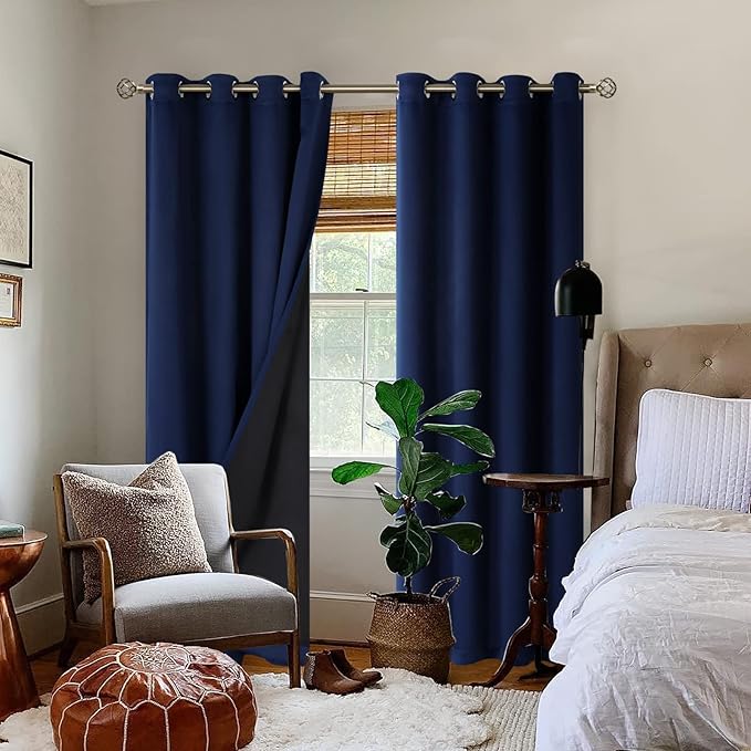 BGment Thermal Insulated 100% Blackout Curtains for Bedroom with Black Liner, Double Layer Full Room Darkening Noise Reducing Grommet Curtain (52 x 90 Inch, Navy Blue, 2 Panels)