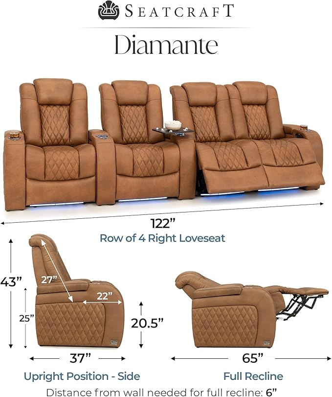 Seatcraft Diamante Zero-Gravity CoolZero Italian Leather Home Theater Seating, Power Headrest, Power Recline, Row of 4 Right Loveseat, Tawny