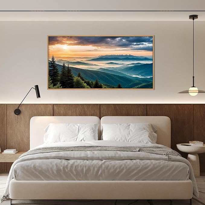 LHIUEM Large Nature Mountain Sunrise Framed Canvas Wall Art, Modern Misty Tree Wall Decor, Boho Forest Green Landscape Artwork, 20"x40"x1