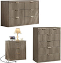 LEYAOYAO Fluted Dressers & Nightstand Set of 3, Wood 48" Wide Dresser & 42" Tall Chest of Drawers,Modern Bedroom Furniture Sets, Grey Wooden Nightstand with 3 Drawers & Charging Station