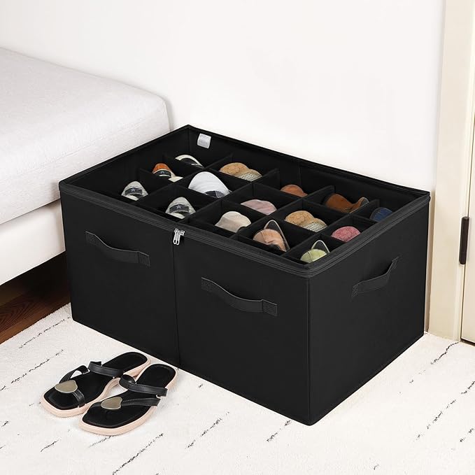 Shoe Organizer for Closet 2 Pack, Foldable Shoe Box with Adjustable Divider and Clear Cover, Space Saving Shoe Storage Organizer Cabinet with Reinforced Handles, Fits 40 Pair, Black, TP11B