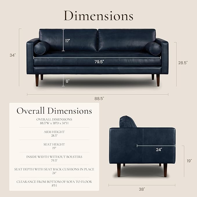 Poly & BARK Napa 88.5" Leather Sofa – Full-Grain Italian-Tanned Aniline Leather, Feather-Down Comfort, Solid Wood Frame, Walnut Legs, Midnight Blue