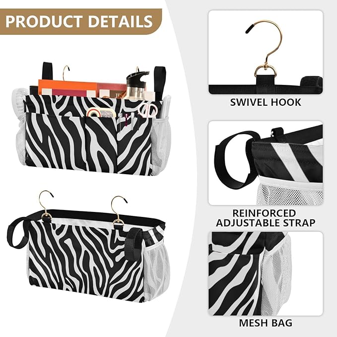 Bedside Caddy Hanging Bunk Bed Caddy Bed Organizer Hanging Pocket with 2 Hooks Bedside Storage Organizer Pocket Bag Holder White Black Zebra Print