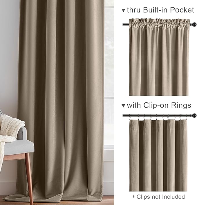Lazzzy Velvet Blackout Curtains Thermal Insulated Room Window Drapes Super Soft Luxury Curtains for Living Room Bedroom Rod Pocket 2 Panels, Light Taupe, 52" W x 84" L