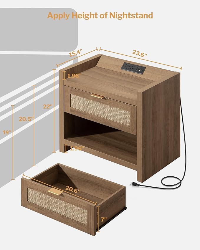 SICOTAS Night Stand Bed Side Table - Rattan Nightstand with Type-C Charging Station,Drawer Storage End Table - Boho Bedside Night Stands for Bedroom - Natural Oak