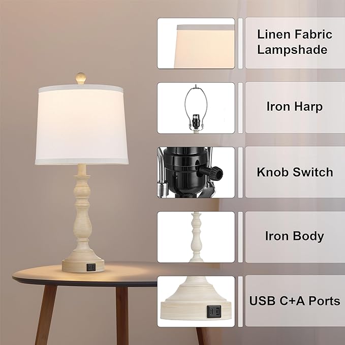 23'' Farmhouse Table Lamps for Living Room Set of 2 with USB C+A Ports, Retro Bedside Lamp for Bedroom, Office, Dining Room, Knob Switch, 3 Color Temperatures, Bulb Included, Beige