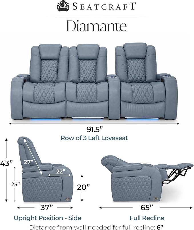 Seatcraft Diamante Zero-Gravity CoolZero Italian Leather Home Theater Seating, Power Headrest, Power Recline, Row of 3 Left Loveseat, Smokey Blue