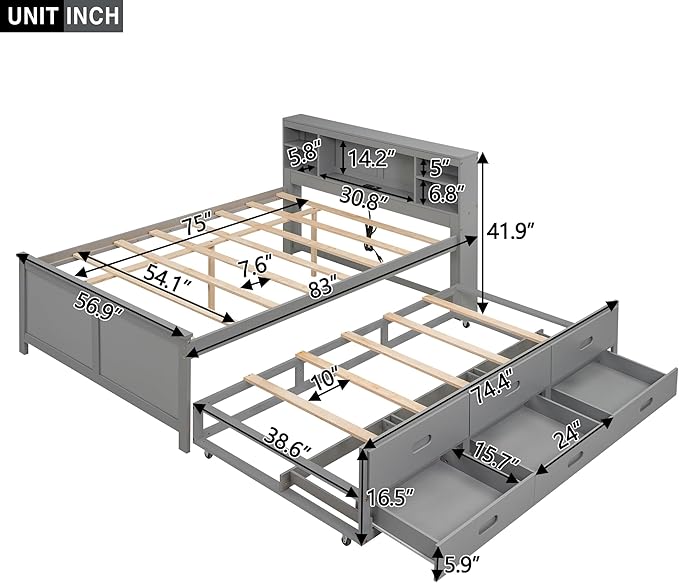 Platform Bed with Storage Headboard, USB, Twin Size Trundle and 3 Drawers, Full Size, Gray