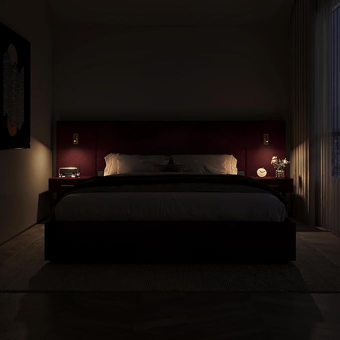 DEINPPA Luxury King Bed Frame with Built-in Gold LED Lights and Nightstands, King Size Platform Bed with Oversize Upholstered Headboard, No Box Spring Needed-Burgundy