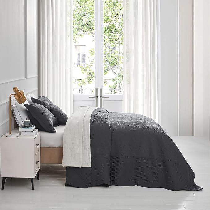 CHIXIN Bedspread Coverlet Quilt Set Full Size - Lightweight Bedding Cover - Ultrasonic Quilting - 5 Piece Reversible Bedspread - Vintage Rose Pattern (Full, Dark Grey)