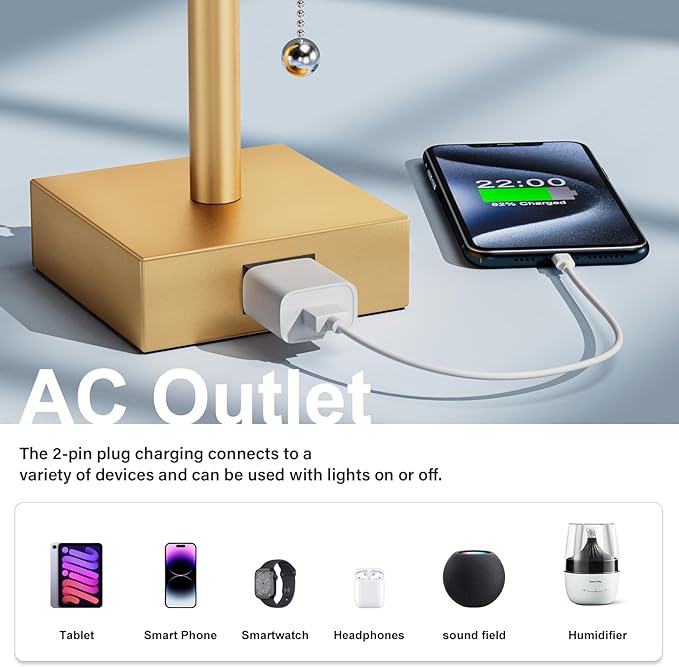 Gold Bedside Table Lamps for Bedroom - Small Nightstand Lamp Set of 2 with AC Outlet Charging Port, 3 Color Temperatures Rectangular Desk Light, Tabletop Reading Lamp for Living Room/Dorm/Office
