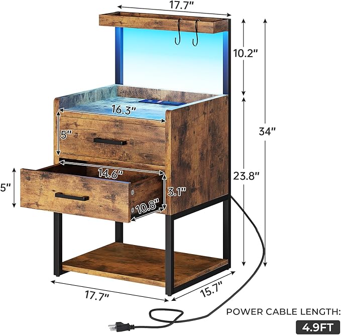 VIAGDO Nightstands Set of 2 with Charging Station, LED Night Stand with 2 Drawers, Rustic Brown Modern Bedside Tables with Open Storage Shelves, End Side Tables for Bedroom, Office