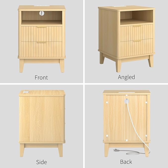 Night Stand Set of 2 with Charger Station, Fluted Nightstand with Drawers and Storage Shelf, Mid Century Modern Bedside Table Nightstands, Large Bed Side Table Wood Night Stands for Bedroom